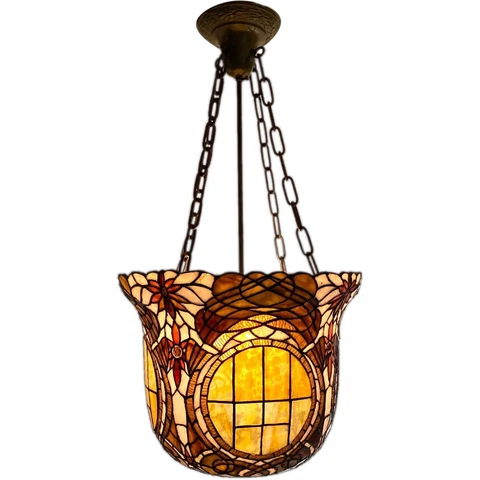 1970s Antique American Stained Leaded Mosaic Glass Hanging Pendant Light Fixture Cover