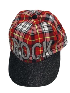Girl’s Justice Ball Cap Hat “ROCK” Logo Black Glitter Bill Plaid Red Adjustable - Picture 1 of 8