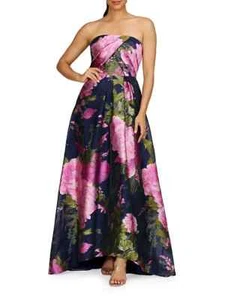 Kay Unger Blue Azalea Pink Holly Floral Print Strapless Gown Size 16 $398 - Picture 1 of 2