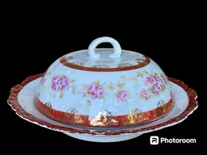 Antiguo Plato de Mantequilla Redondo Tapa Cúpula Rosa Rosas Rojo Elegante Porcelana Queso - Imagen 1 de 14