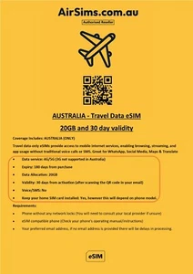 Australia Travel Data eSim 20GB with 30day validity AirSims Brand - Picture 1 of 8