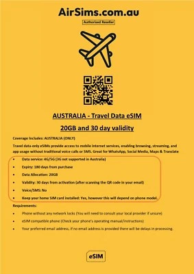 Australia Travel Data eSim 20GB with 30day validity AirSims Brand - Image 1 of 4