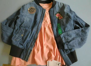 New Hudson Girls 2 Piece Bomber Jacket + Top Set Blue Denim / Pink L or XL - Picture 1 of 1