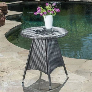 25.75" Round Rattan Bistro Table Outdoor Side Table Patio Wicker  End Table Grey - Picture 1 of 11