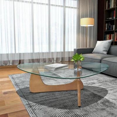 Noguchi-Style Coffee Table in Light Walnut Wood Base Triangle Clear Glass 0.47" - Image 1 of 4