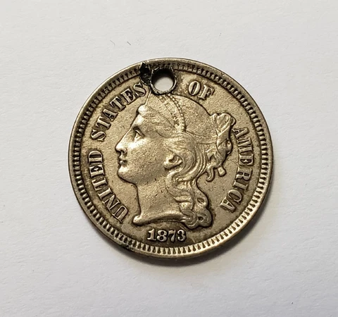 1873 3c Nickel Three Cent Piece - AU - Open 3 - Holed - SKU-Y5435 Cover