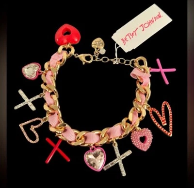 Betsey Johnson Valentines Pink & Red Heart & X Rhinestone Pendant Bracelet New - Image 1 of 4