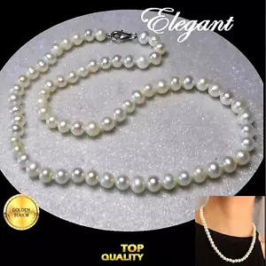 Women High Luster Imitation Freshwater Pearl Silver Necklace + Extension Chain - Picture 1 of 11