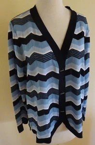 MISOOK SILKY KNIT CHEVERON BLUES & BLACK PRINT BUTTON CAREER TRAVEL JACKET LN M - Picture 1 of 3