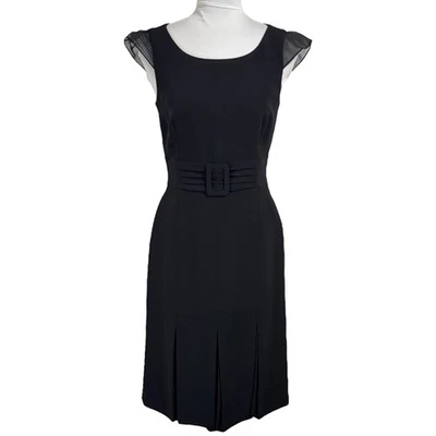 Vestido Vaina Tahari ASL Negro Talla 2 Hebilla Cinturón Seda Plisado Cóctel Fiesta LBD Foto 1 de 4