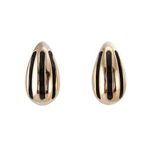 Yellow Gold Black Stripe Enamel Medium Teardrop Earrings - Picture 1 of 4