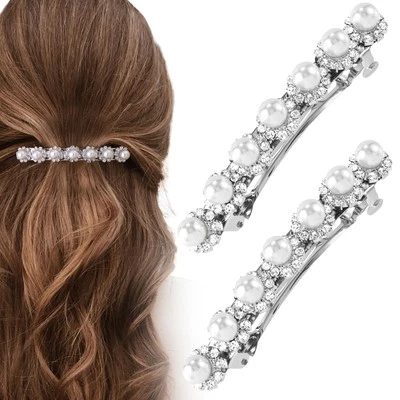 2Pcs Silver Pearl Hair Clips, Sparkly Crystal Rhinestone Wedding Barrettes Fr... - Image 1 of 4