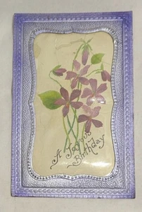 ANTIQUE Embossed Postcard A Joyous Birthday Victorian Era Purple Violets Flowers - Picture 1 of 2