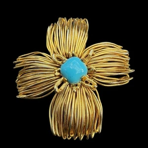 GROßE signierte CASTLECLIFF Malteserkreuz goldfarben Türkis Cab Draht Brosche Vintage - Bild 1 von 4