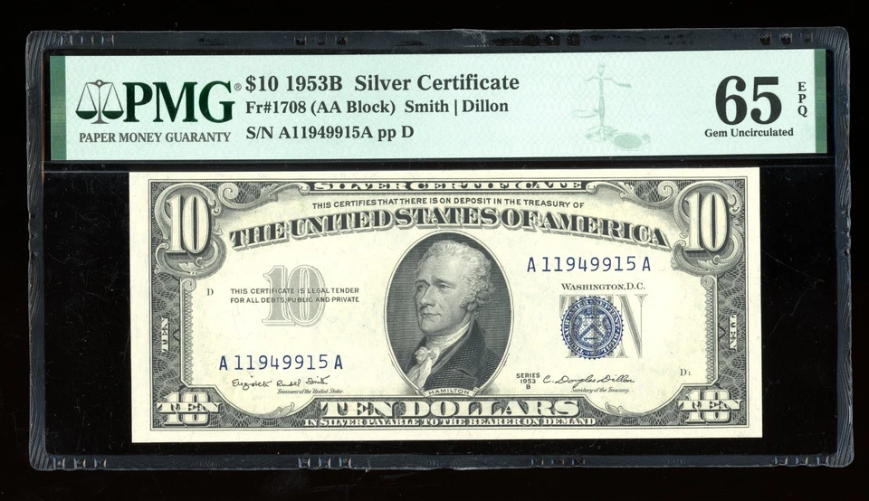 DBR 1953-B $10 Silver Fr. 1708 Gem PMG 65 EPQ Serial A11949915A - Image 1 of 2