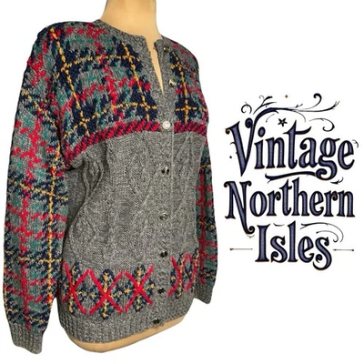 Cárdigan suéter vintage Northern Isles gris multicolor a cuadros tejido a mano talla mediana Foto 1 de 4