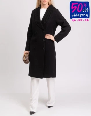 PVP €795 Abrigo Emporio Armani EU44 US8 UK12 L Mezcla de Lana Negro Acanalado Tejido Cuello Foto 1 de 4