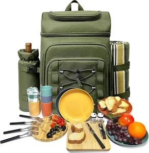 Picnic Basket Backpack for 4 Person with Blanket, Insulated Leakproof Cooler... - Picture 1 of 8