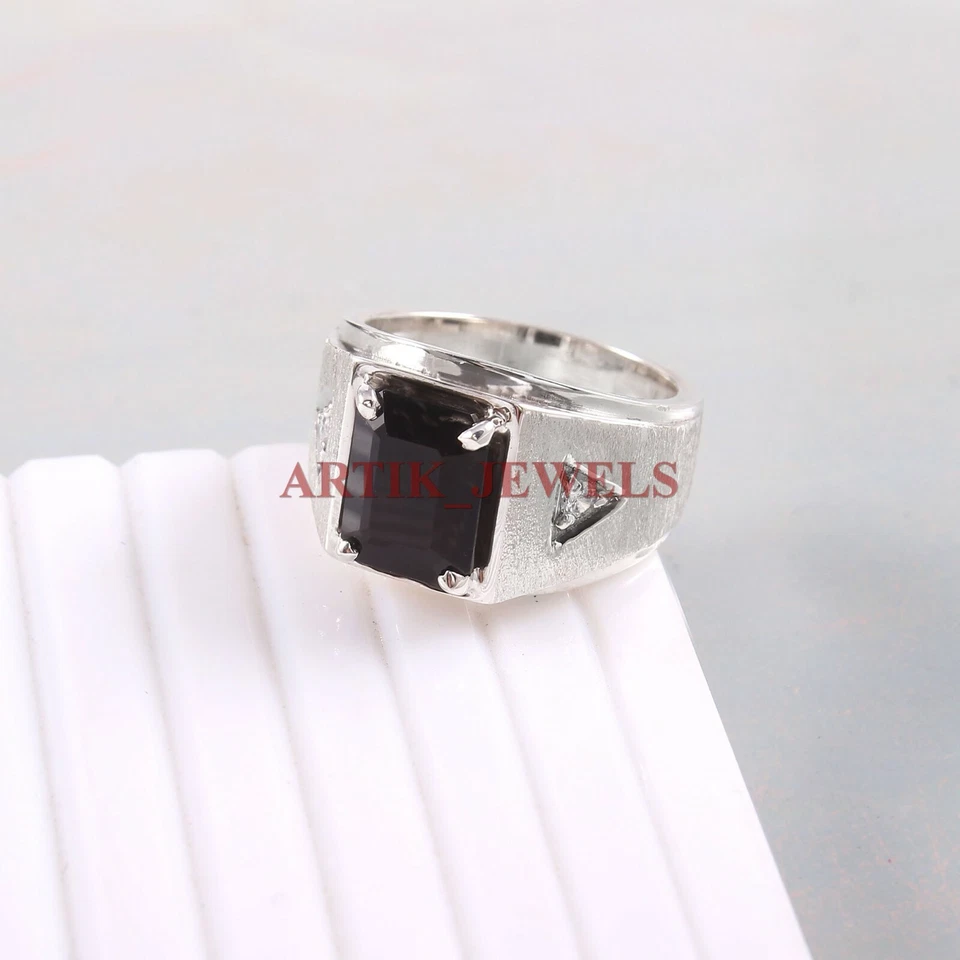 Natürlich Schwarzer Onyx Edelstein Mit 925 Sterlingsilber Ring für Herren #4596 - Bild 1 von 3
