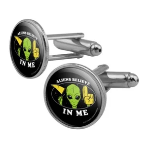 Aliens Believe in Me Lustiger Humor Runde Manschettenknöpfe Set Silber Farbe - Bild 1 von 6