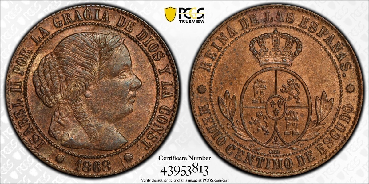 【ふくよかて美しい女王の横顔】1868年スペイン・イザベラ2世40センティモ銀貨 ふくよかて美しい女王の横顔】1868年スペイン・イザベラ2世40