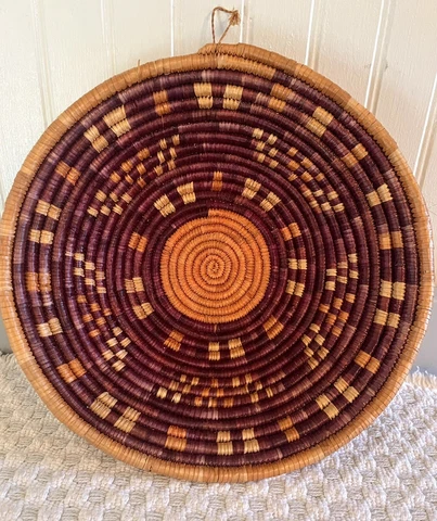 Hand Coiled Woven Round Grass Basket Tray Wall Hanging Art Boho 12” D African Cover
