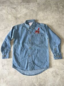 Vtg 90s YOUTH MEDIUM Distressed Chief Wahoo Cleveland Indians Denim Button 5/6