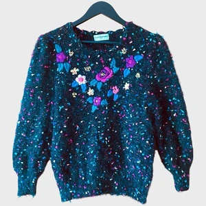 Vintage Hand Knit Jumper Women Size M Multicolour Mohair Embroidered Puff Sleeve - Picture 1 of 19