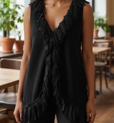 Suéter largo Spense Petite grande para mujer negro con flecos con volantes fiesta profesional Foto 1 de 4