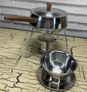 Vintage Vollrath MCM Fonduetopf Kochset Edelstahl Walnussholz mit Oneida Schüssel - Bild 1 von 11
