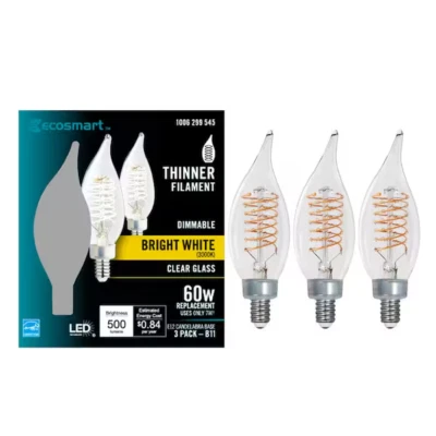 EcoSmart 60-Watt Equiv B11 Dimmable E12 Candelabra Fine Bendy LED Brt White 3Pk - Image 1 of 3