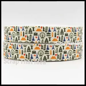 TRAVEL ICONS Ribbon. 2x Meters. 7/8" Grosgrain. Craft/Bows. Trip, Destinations - Picture 1 of 1