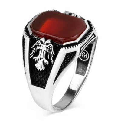 925 Sterling Silver Double Headed Eagle Design Agate Stone Men's Ring - Image 1 of 4