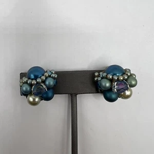 Vintage Clip On Earrings Blue Beads with Faux Pearls Made in Japan - Imagen 1 de 8