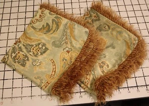 Green Linen Print Pillow Cover Corded Gold Trim 16” sq Set/2 handmade zip close - Picture 1 of 5