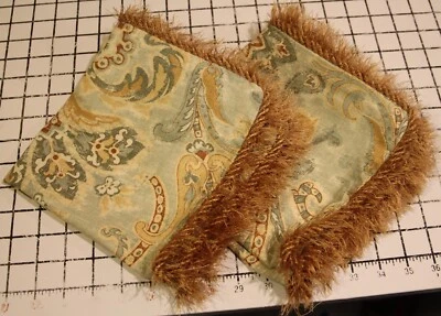 Green Linen Print Pillow Cover Corded Gold Trim 16” sq Set/2 handmade zip close - Image 1 of 4