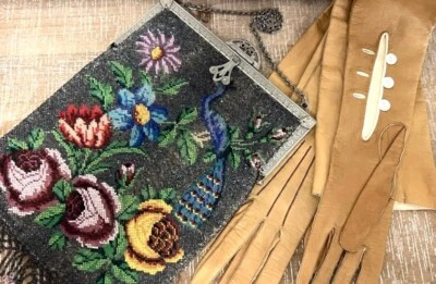 Bolsa antiga de vidro com miçangas pavões florais bolsa de prata/21" bronzeada luvas de ópera infantil - Imagem 1 de 4