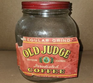 VINTAGE OLD JUDGE COFFEE GLASS JAR ORIGINAL LABEL & LID 6" X 9" - Picture 1 of 6