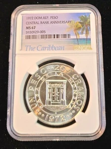 1972 DOMINICAN REPUBLIC SILVER 1 PESO CENTRAL BANK ANNIV NGC MS 67 RARE GEM COIN - Picture 1 of 5