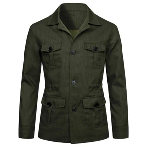 Men's 100% Linen Safari Jacket Pockets Slim Fit Hunting Coat Casual Tops British - Picture 1 of 24