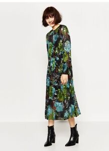 Size M Zara Devore Black Blue & Green Botanical Statement Midi Dress *Read desc*