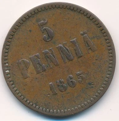 MONEDA DE COBRE AÑO RARO 5 PENNIAS 1865 Imperial Rusia Finlandia Foto 1 de 2