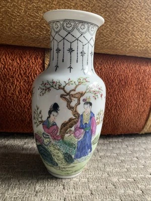 MAGNIFIQUE ANCIEN VASE PORCELAINE PEINT CALLIGRAPHIES CHINOISES SIGNÉ - H 21 cm - Photo 1/4