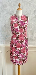 Vintage 1960's Retro Pink White Floral Thick Cotton Knee Length Slip Dress 10 - Picture 1 of 9