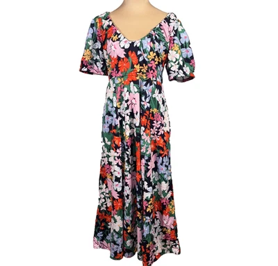 Old Navy Floral Puff Sleeve Swing Dress Womens Medium Midi Cottagecore Colorful - Image 1 of 4
