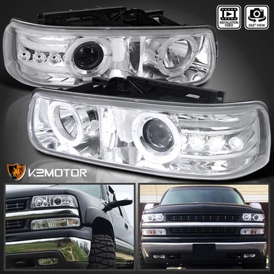 Fits 1999-2002 Chevy Silverado Tahoe Suburban LED Halo Projector Headlights Lamp Foto 1 de 4