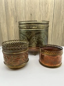 Vintage Copper & Brass  Cut Out Tooled Design Flower Pot Footed Lot 3 - Picture 1 of 8