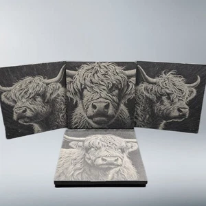 Highland Cow Engraved Slate Coasters Set Of 4,Gift Ideas Unique, Handmade - Picture 1 of 5