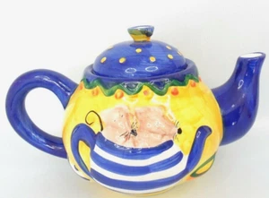 Rayware Teapot Collectable Yellow & Blue Embossed with Mice design 6" - Picture 1 of 12