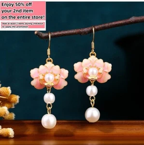 Pendientes colgantes de perlas esmaltadas flor boho delicadas piedras preciosas chapadas en oro de 18 quilates - Imagen 1 de 6